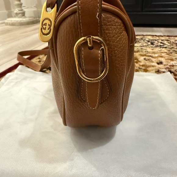 Vintage Gucci Brown Leather GG Logo Shoulder Bag Suede Interior Italy - Picture 3 of 10